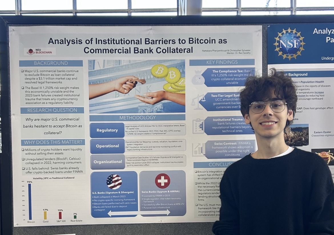Christopher presenting the Bitcoin collateral research poster at Northeastern's RISE expo